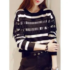 Ethnic Jewel Neck Long Sleeve Striped Fringe Sweater For Women - White And Black One Size(fit Size Xs To M)