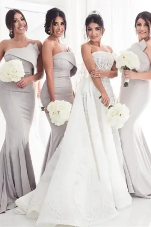 Fantastic Satin Strapless Mermaid Long Bridesmaid Dresses With Train, MBD265