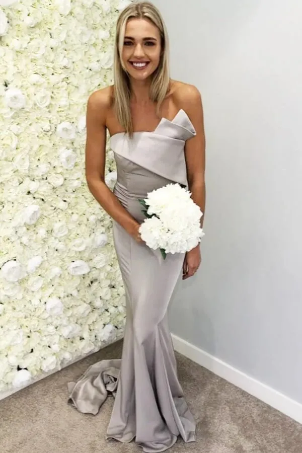Fantastic Satin Strapless Mermaid Long Bridesmaid Dresses With Train, MBD265