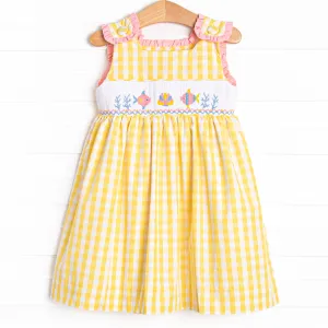 Fish Frills Smocked Dress, Yellow