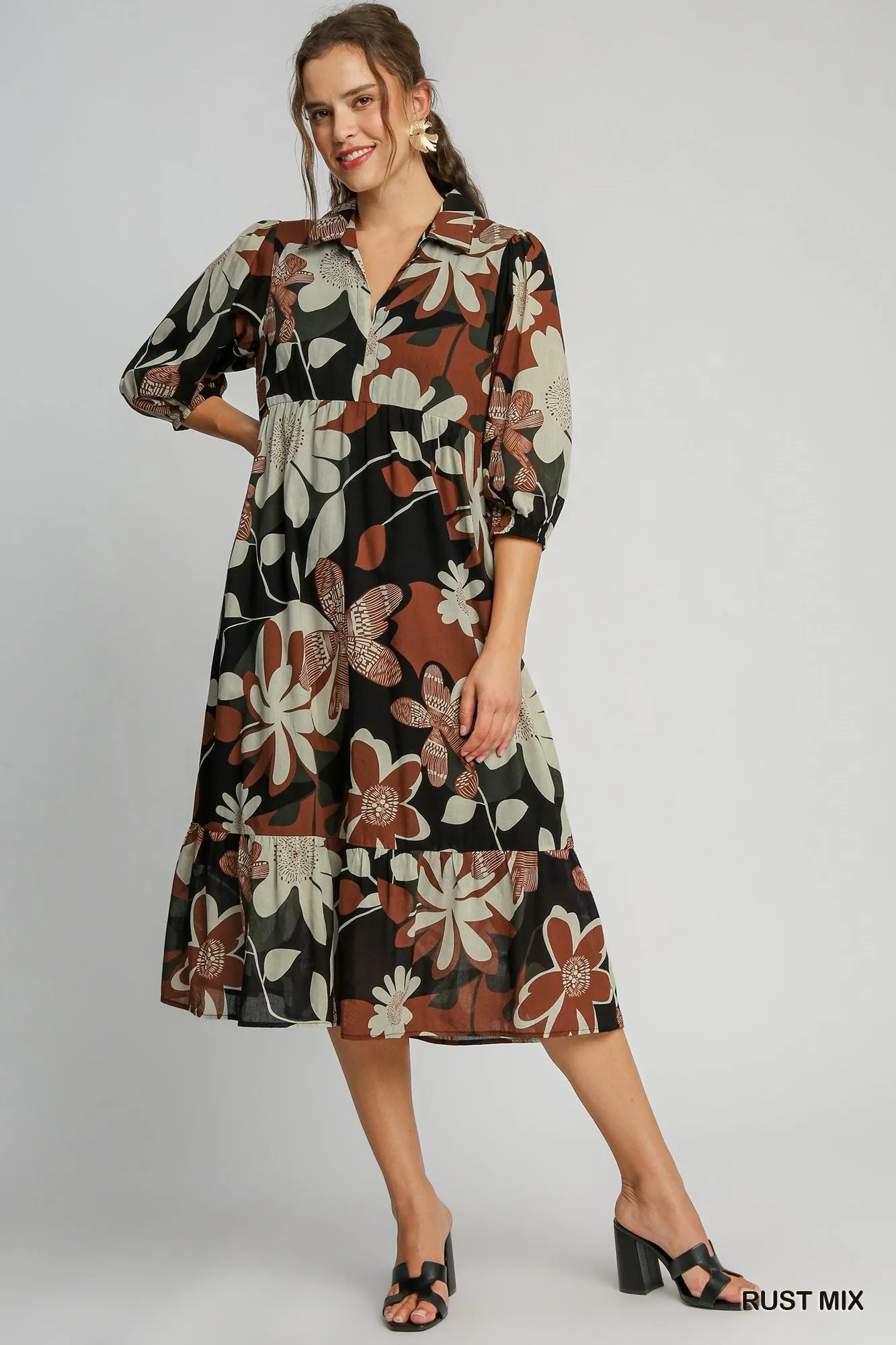 Floral Abstract Print Tiered Dress Umgee