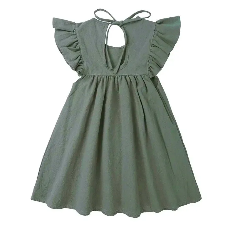 Girls Solid Linen Casual Dress with Ruffle Sleeves - White, Pink, Green, Blue