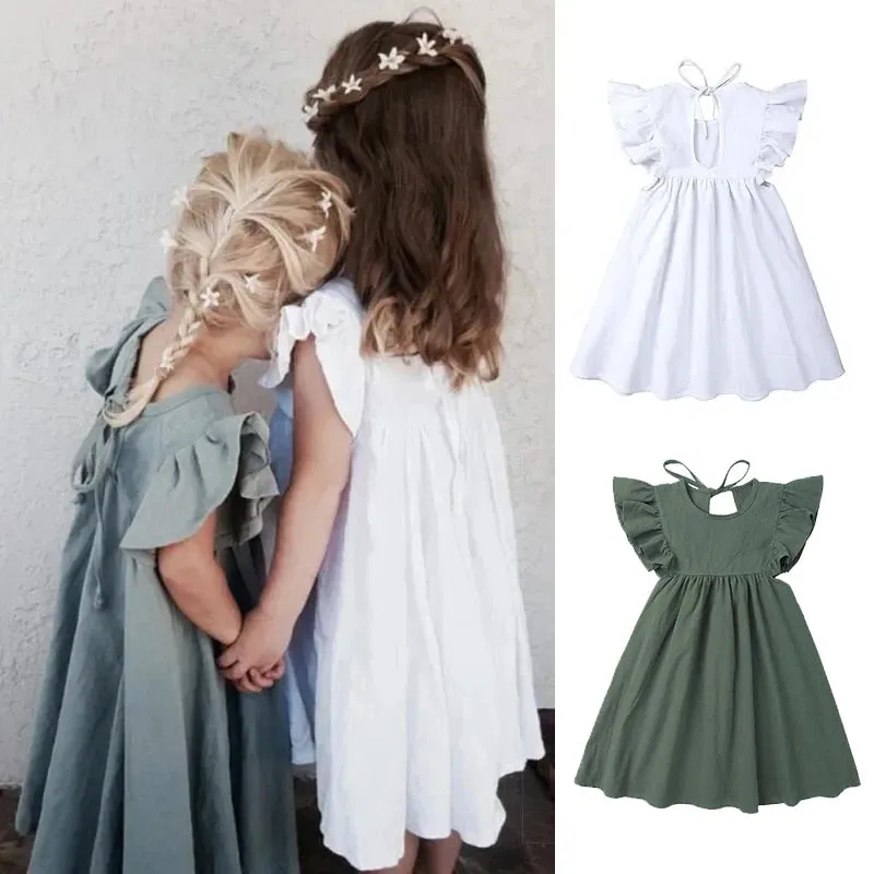 Girls Solid Linen Casual Dress with Ruffle Sleeves - White, Pink, Green, Blue