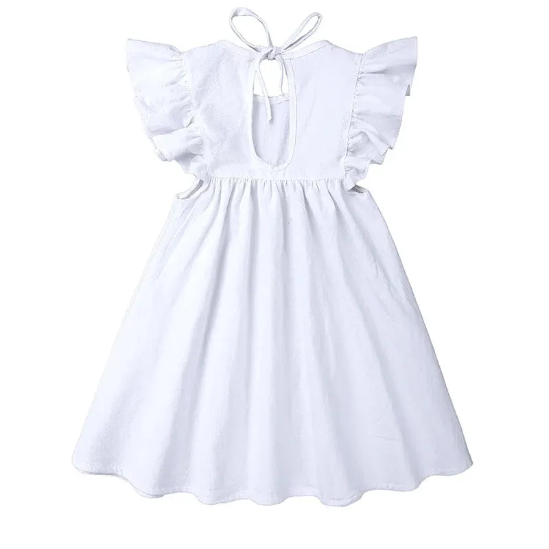 Girls Solid Linen Casual Dress with Ruffle Sleeves - White, Pink, Green, Blue