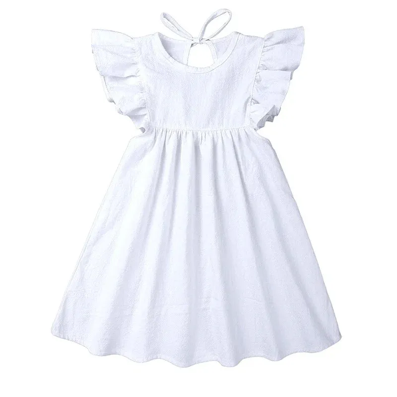 Girls Solid Linen Casual Dress with Ruffle Sleeves - White, Pink, Green, Blue