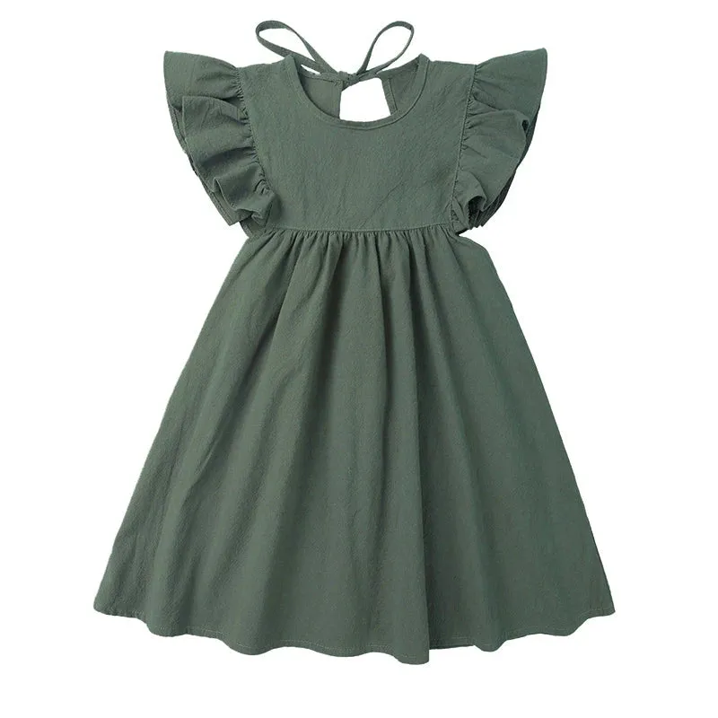 Girls Solid Linen Casual Dress with Ruffle Sleeves - White, Pink, Green, Blue