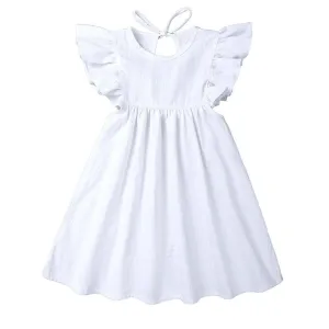 Girls Solid Linen Casual Dress with Ruffle Sleeves - White, Pink, Green, Blue
