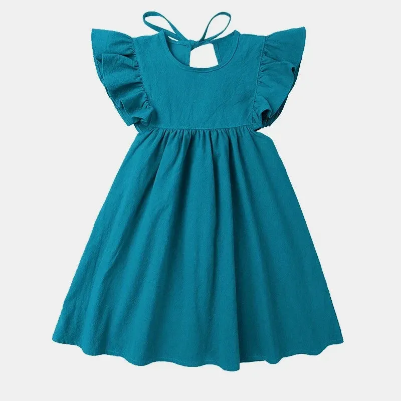 Girls Solid Linen Casual Dress with Ruffle Sleeves - White, Pink, Green, Blue