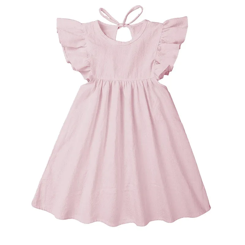 Girls Solid Linen Casual Dress with Ruffle Sleeves - White, Pink, Green, Blue