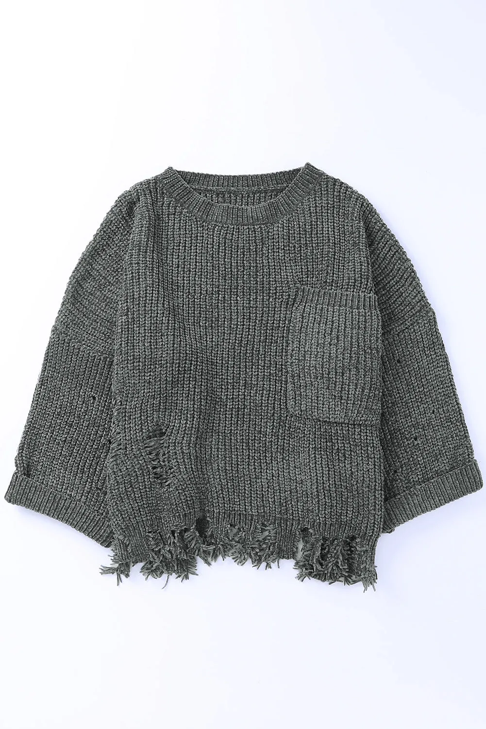 Gray Ripped Raw Hem Chunky Pullover Sweater