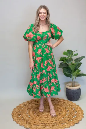 Green Floral Puff Slv Dress