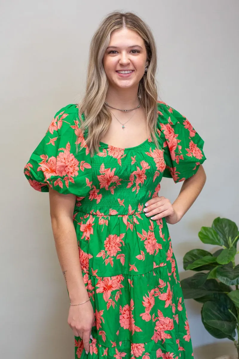 Green Floral Puff Slv Dress
