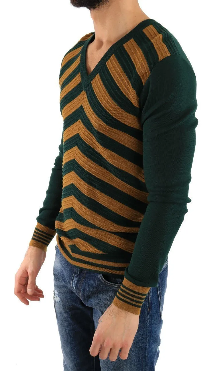 Green Yellow Wool V-neck Sweater