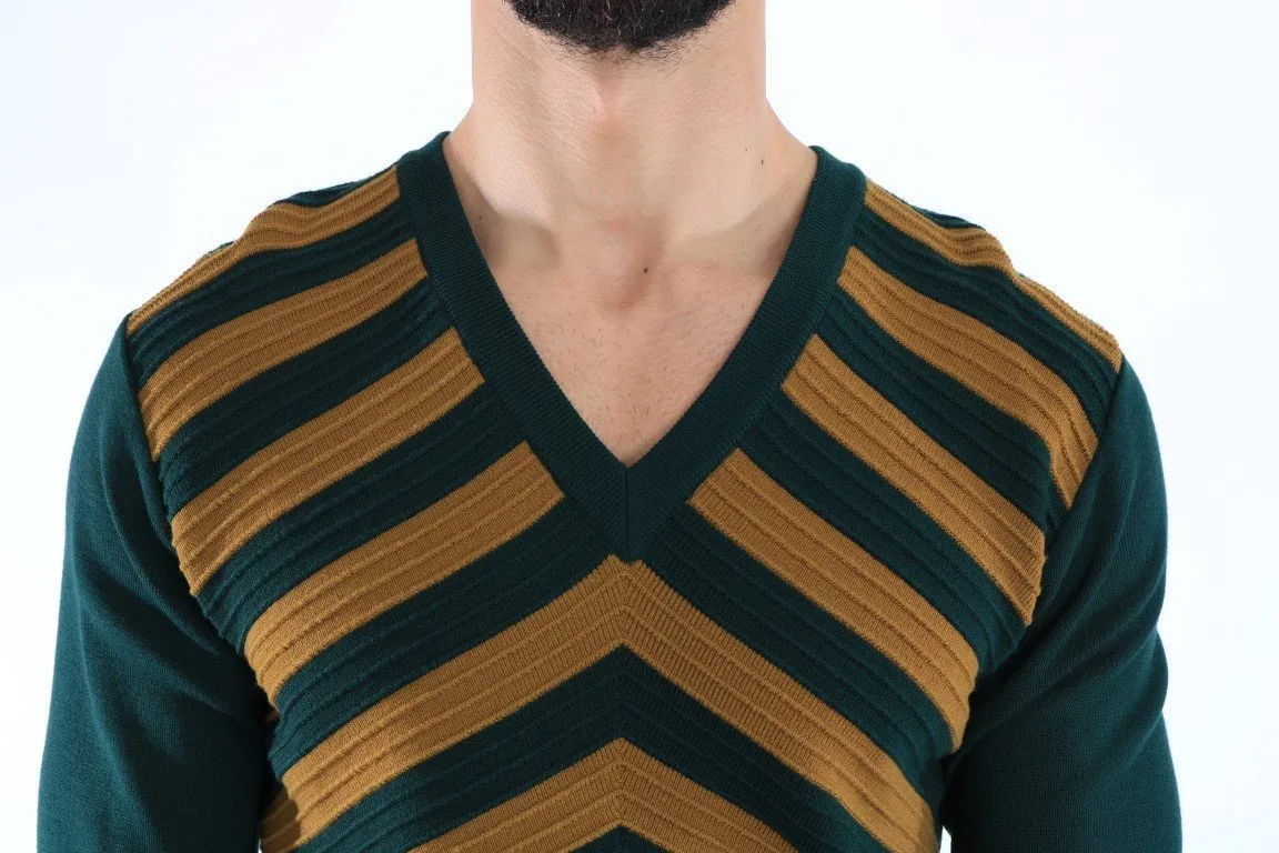 Green Yellow Wool V-neck Sweater