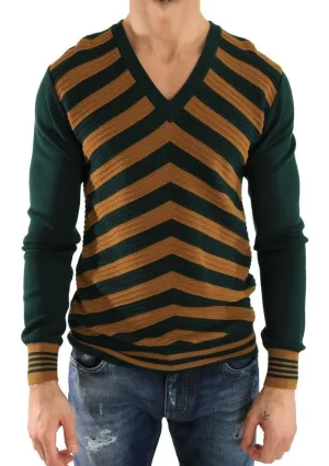 Green Yellow Wool V-neck Sweater