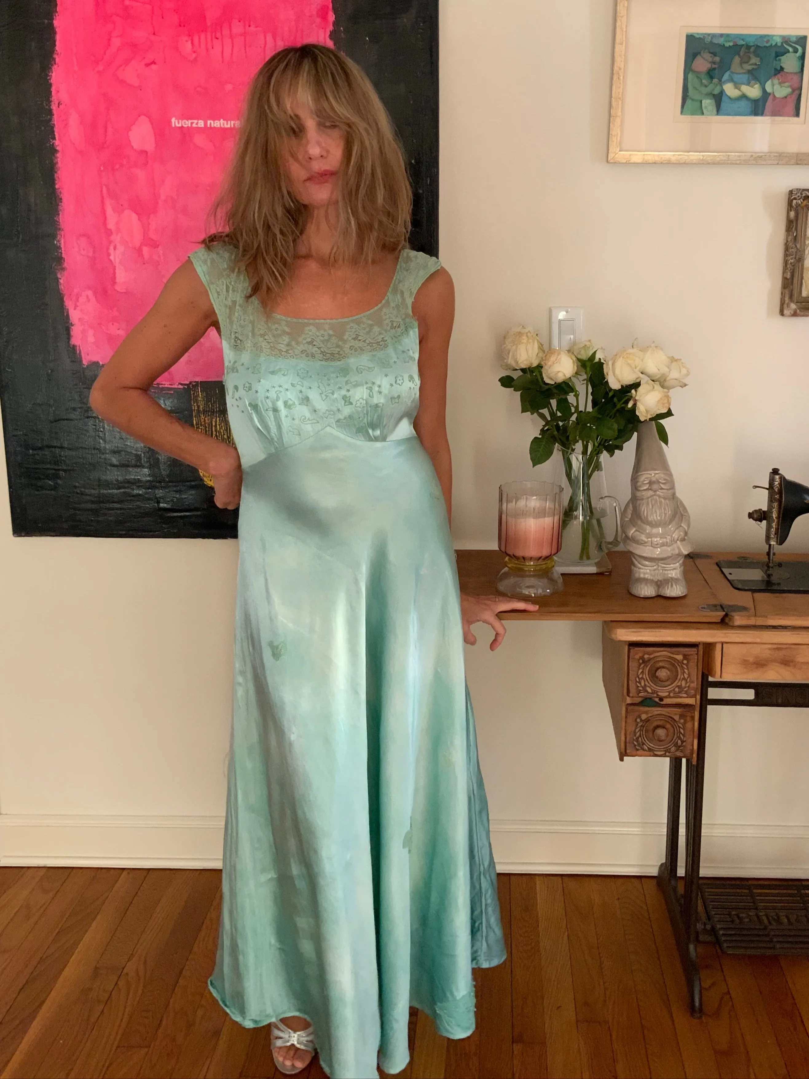 Hand Dyed Green Bridal Nightgown Satin - 50s -50G