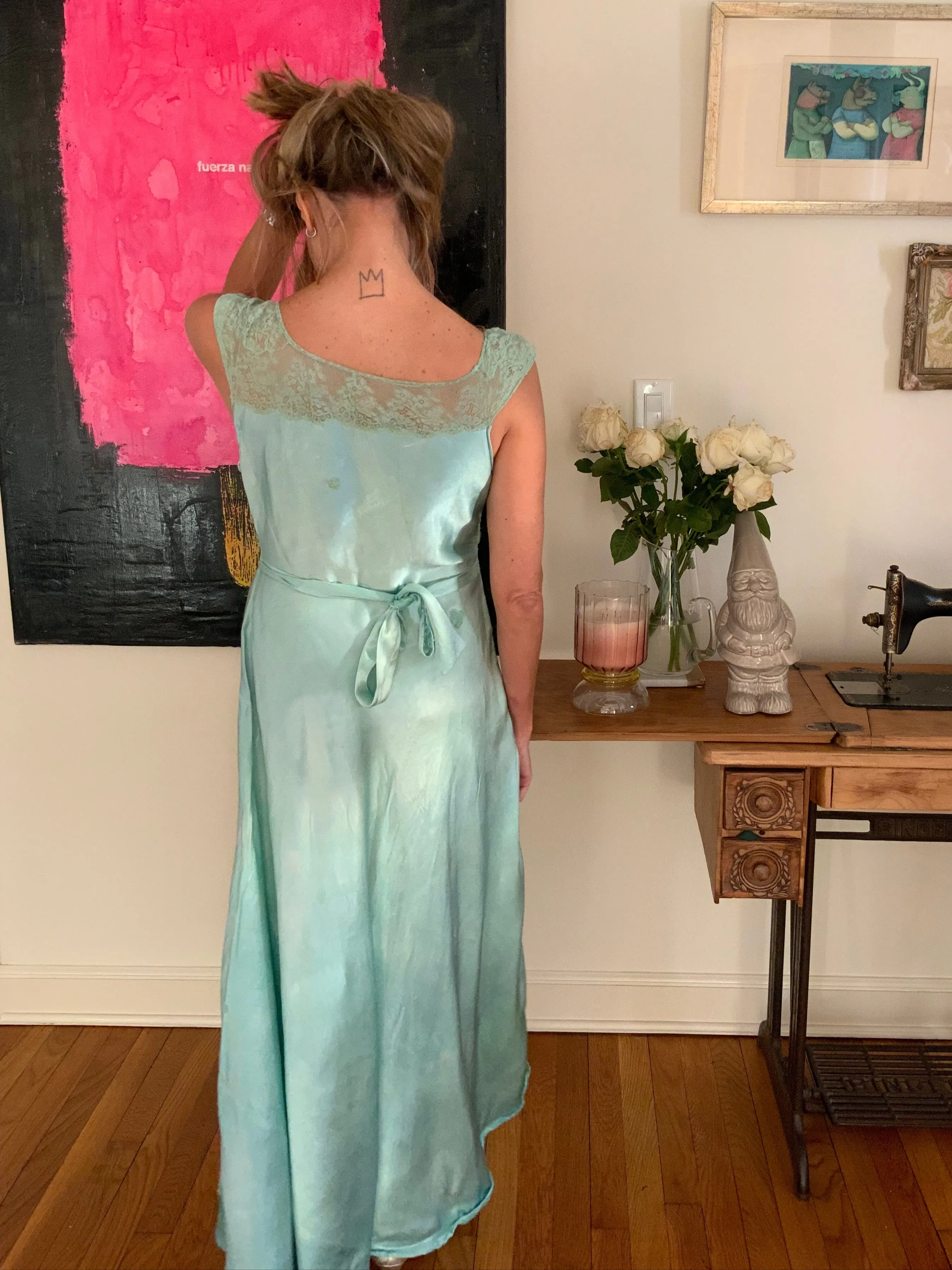 Hand Dyed Green Bridal Nightgown Satin - 50s -50G