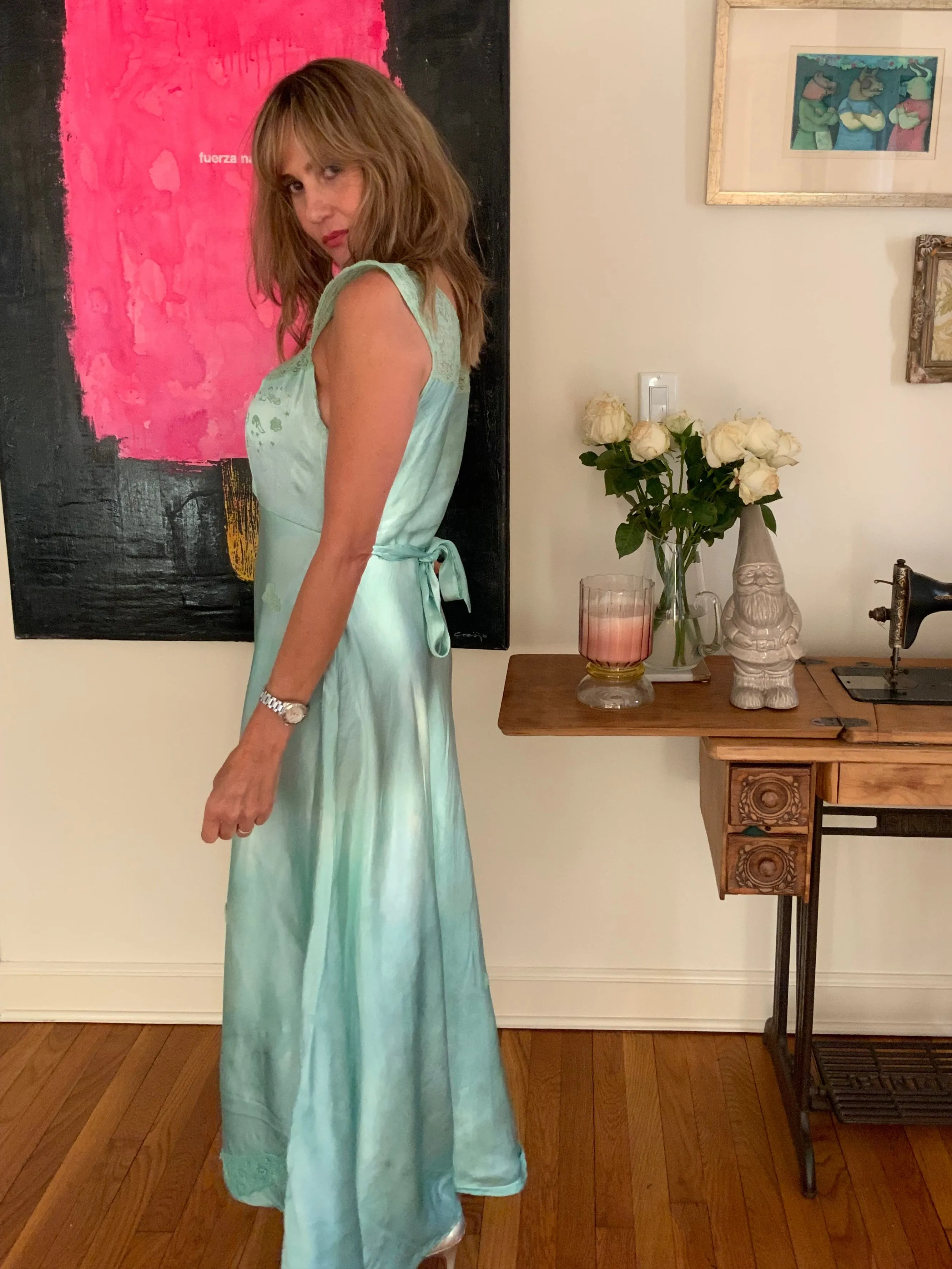 Hand Dyed Green Bridal Nightgown Satin - 50s -50G