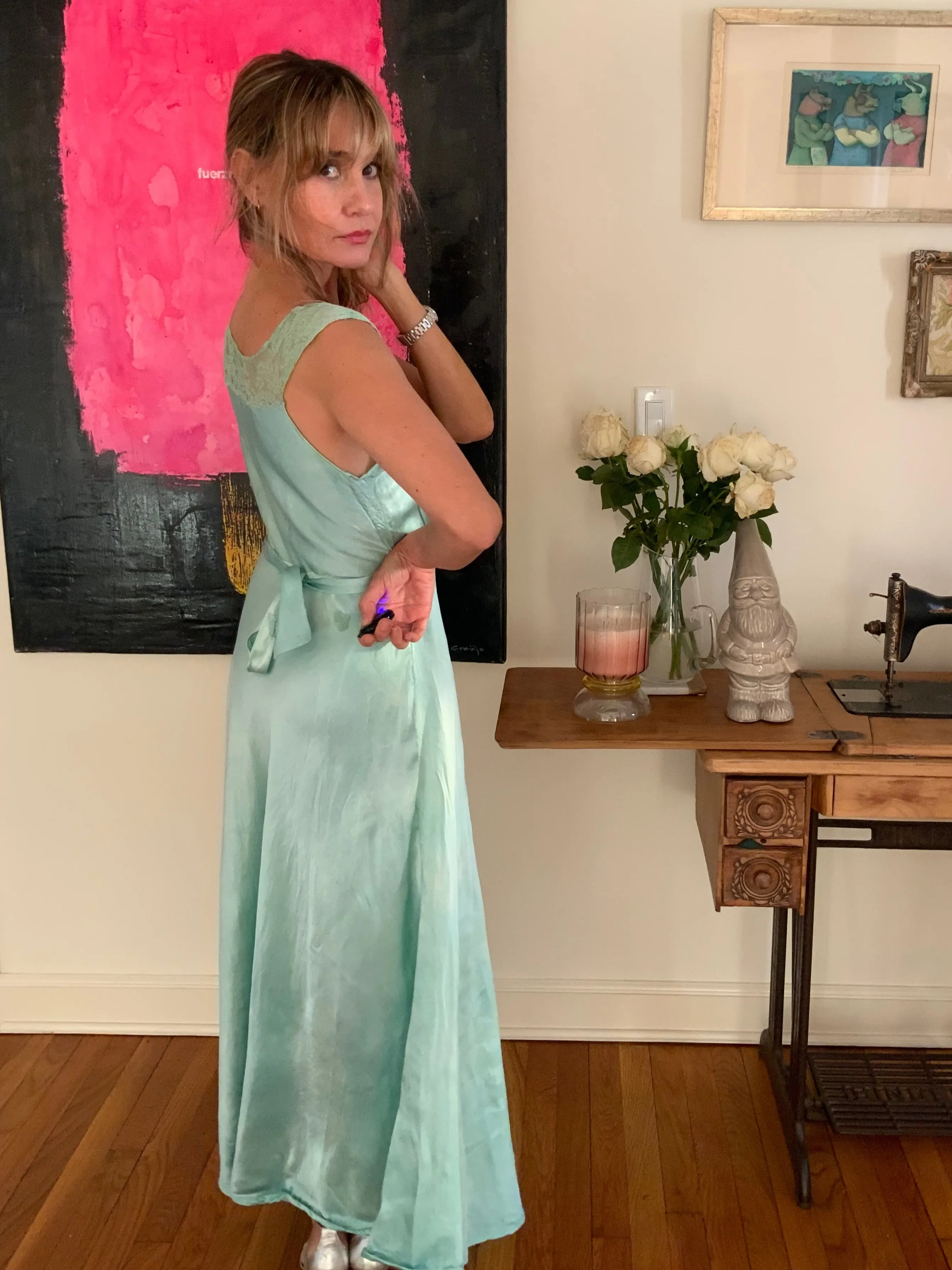 Hand Dyed Green Bridal Nightgown Satin - 50s -50G
