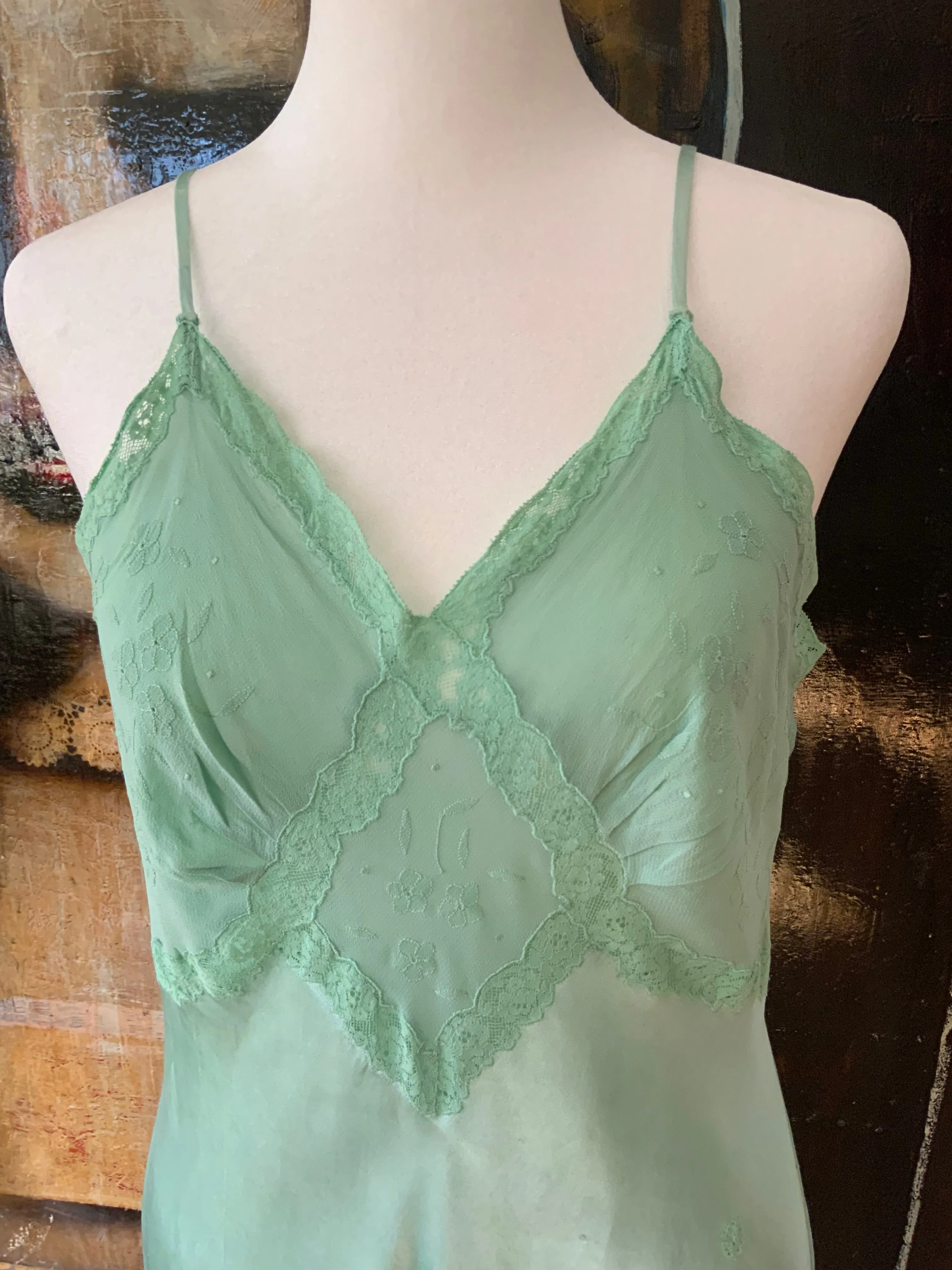 Hand Dyed Green Satin Slip Dress - 50s - 50E