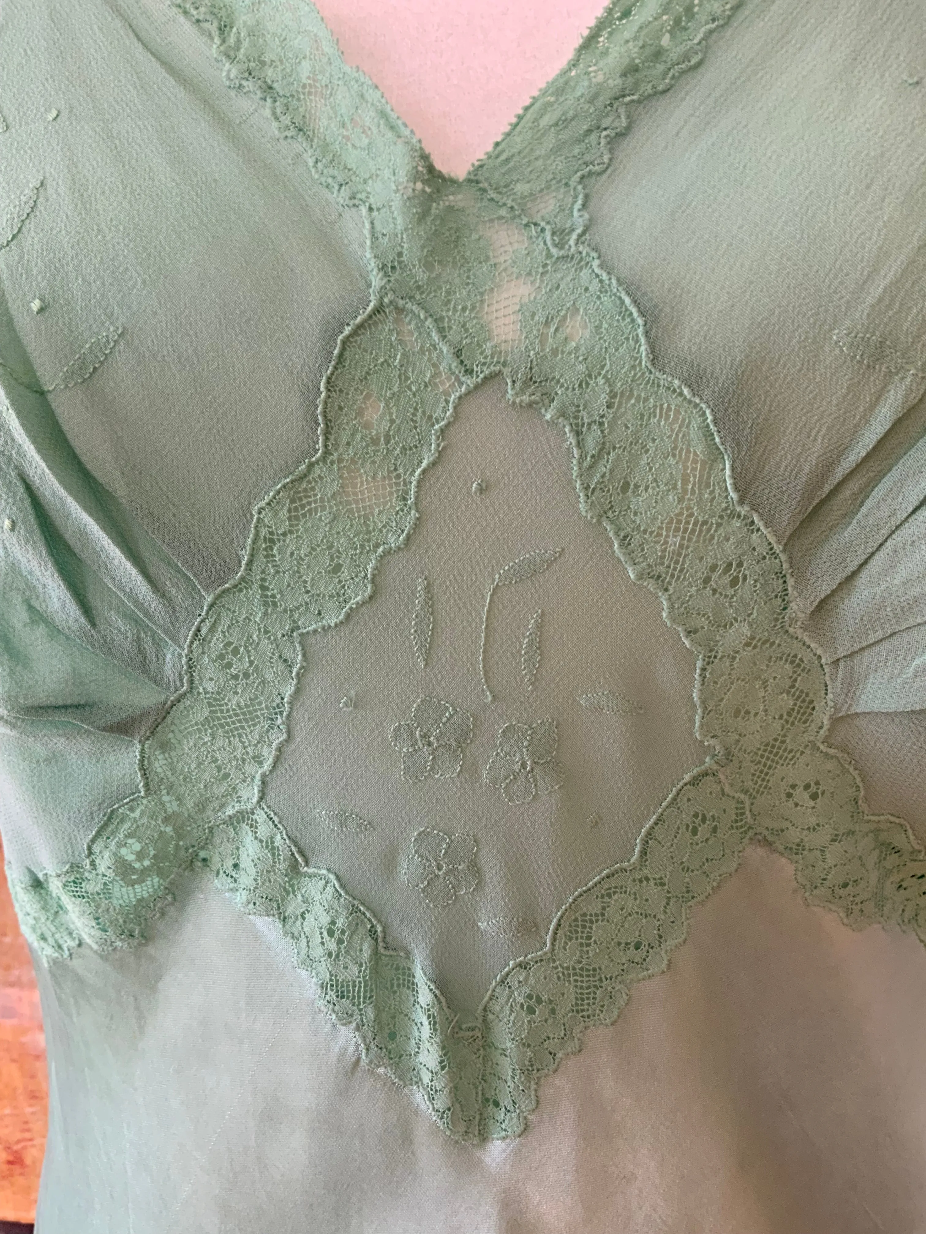 Hand Dyed Green Satin Slip Dress - 50s - 50E