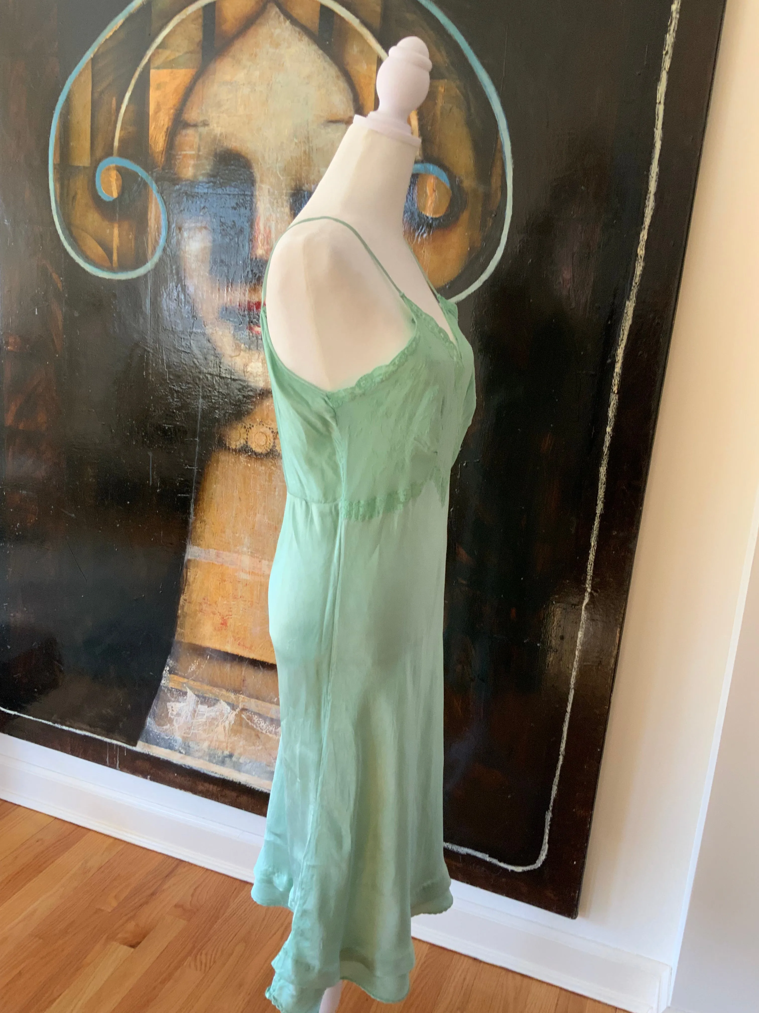 Hand Dyed Green Satin Slip Dress - 50s - 50E