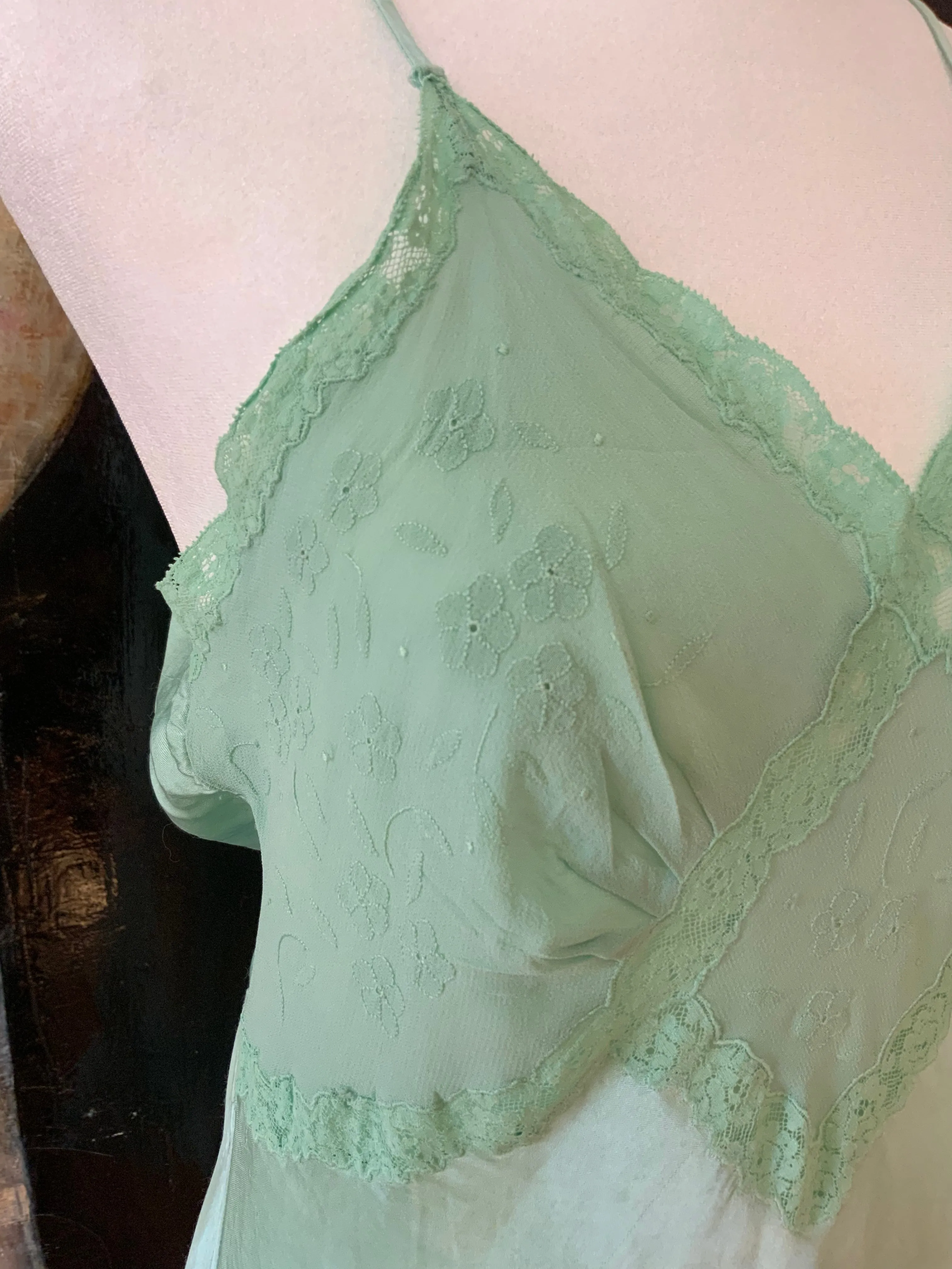Hand Dyed Green Satin Slip Dress - 50s - 50E