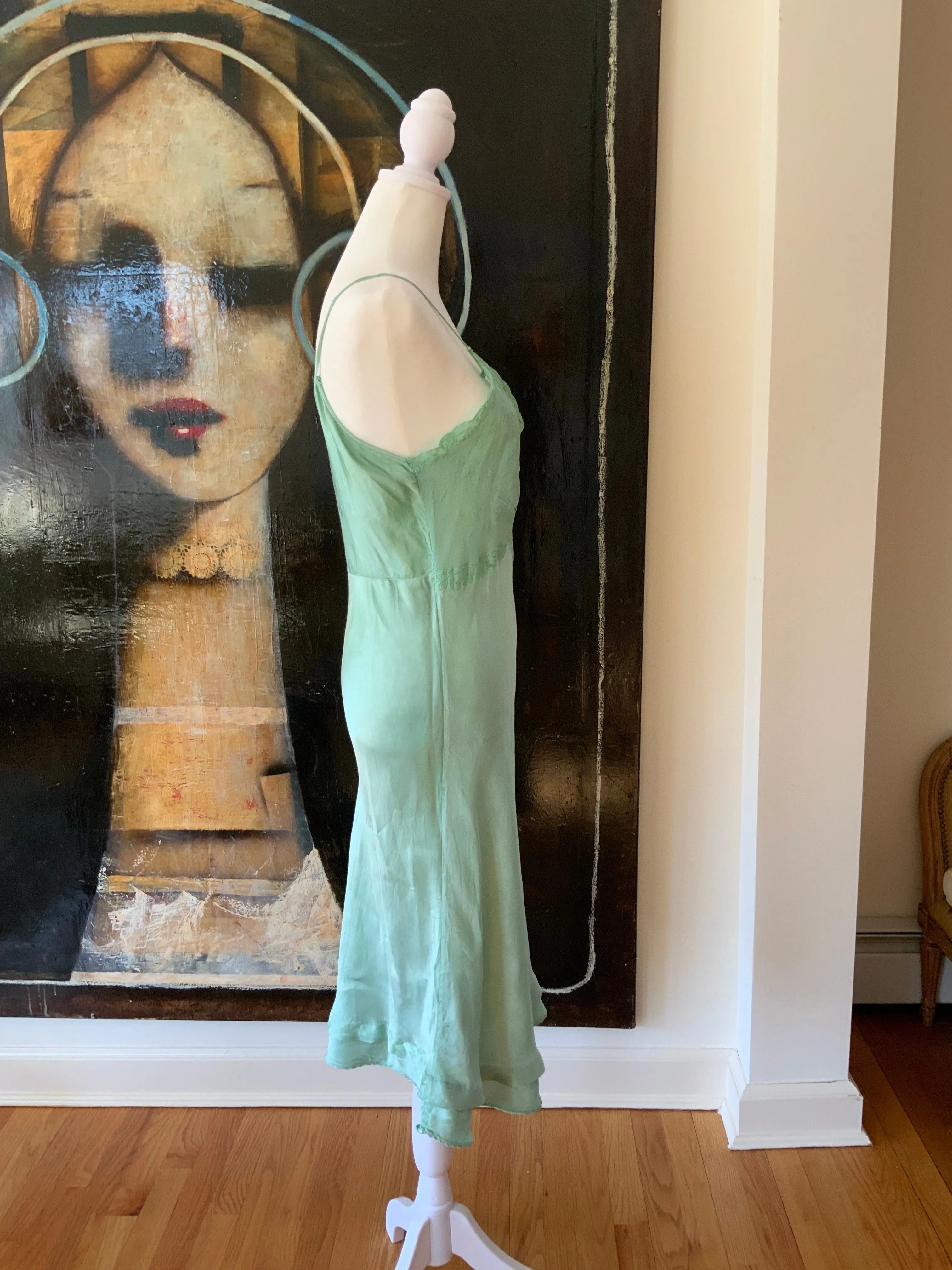 Hand Dyed Green Satin Slip Dress - 50s - 50E