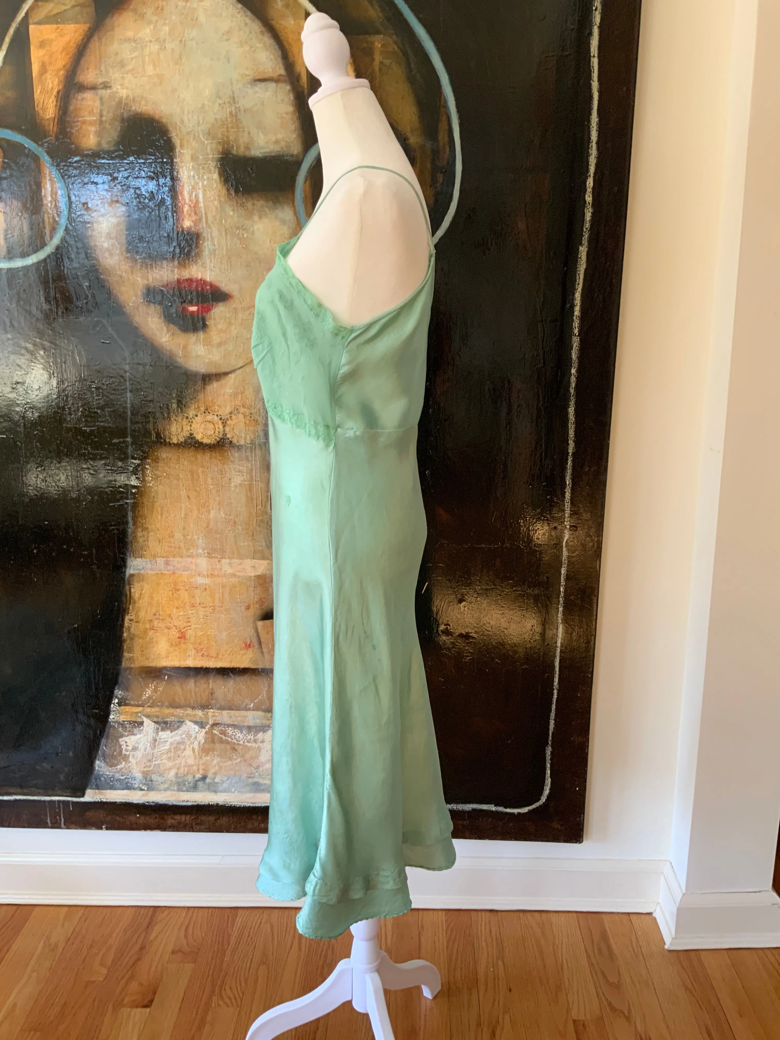 Hand Dyed Green Satin Slip Dress - 50s - 50E