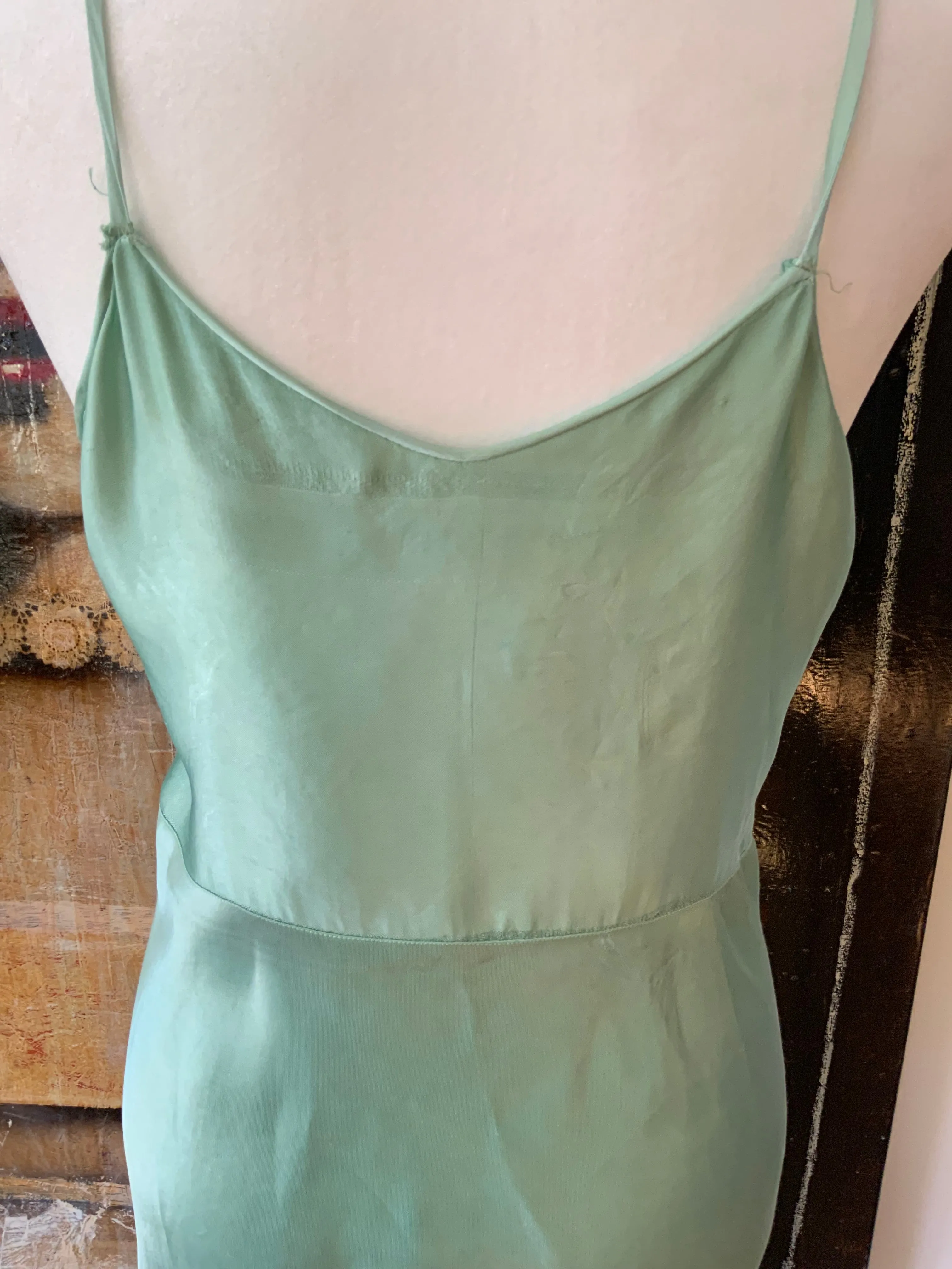 Hand Dyed Green Satin Slip Dress - 50s - 50E