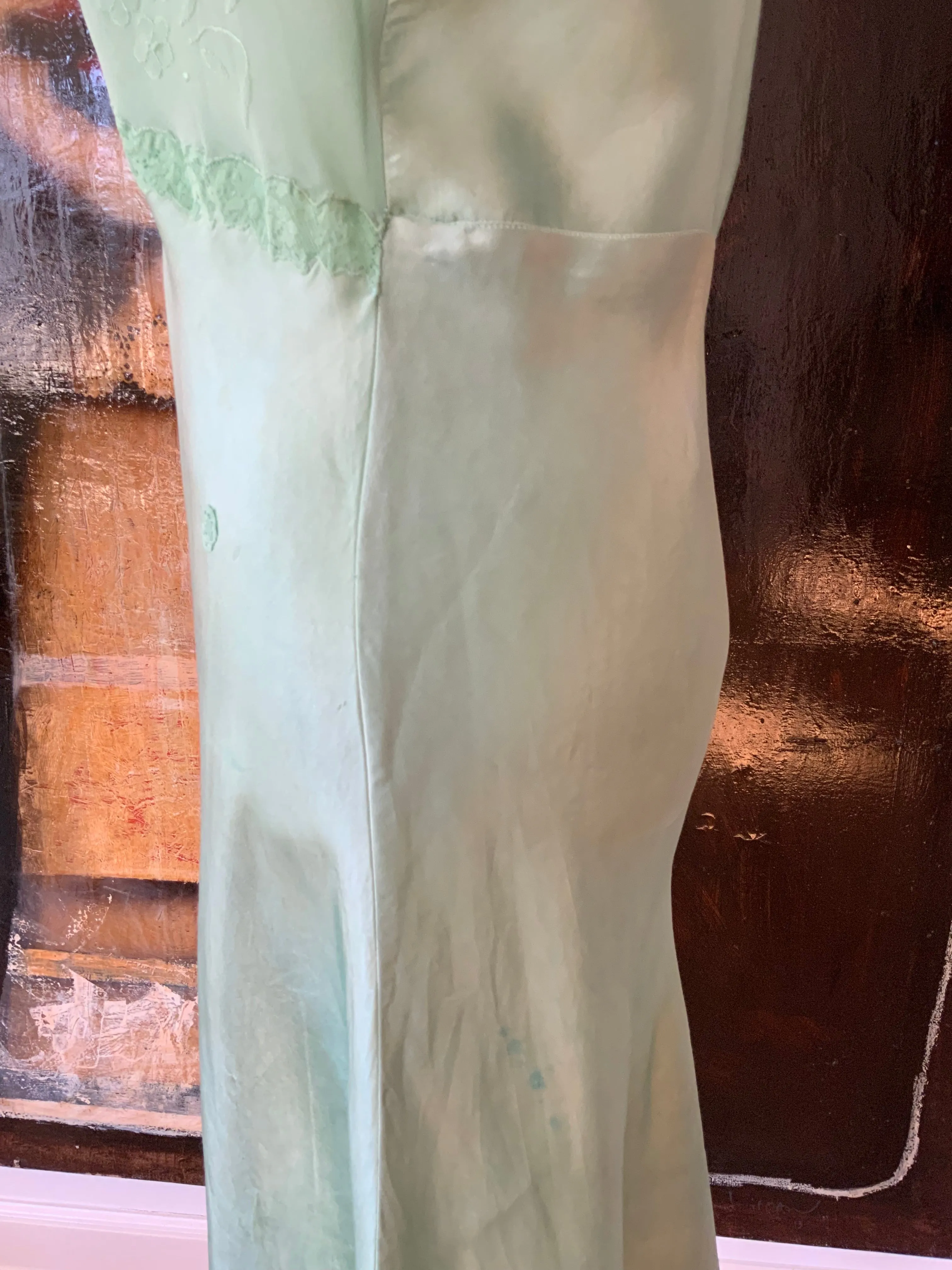 Hand Dyed Green Satin Slip Dress - 50s - 50E