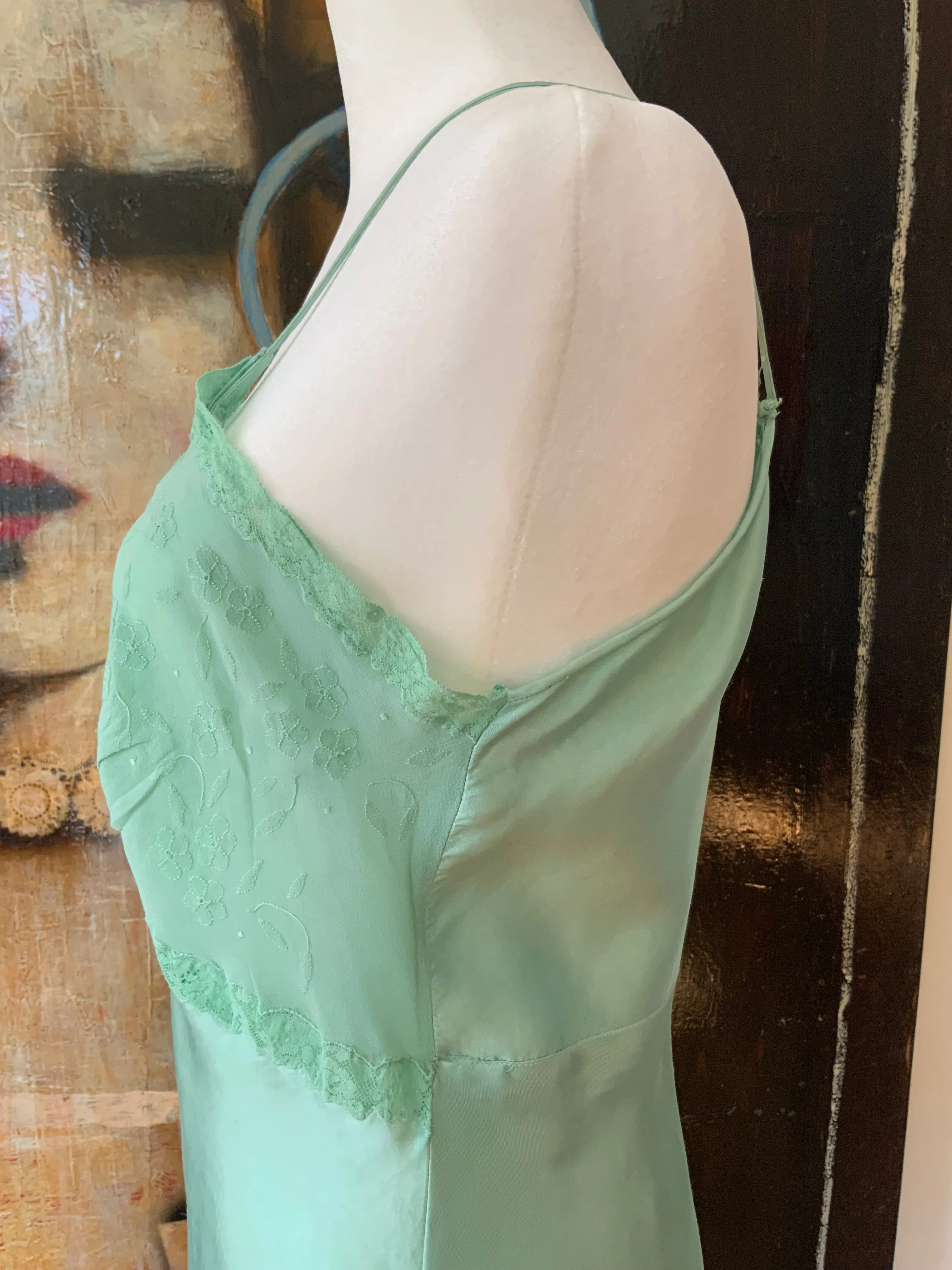 Hand Dyed Green Satin Slip Dress - 50s - 50E