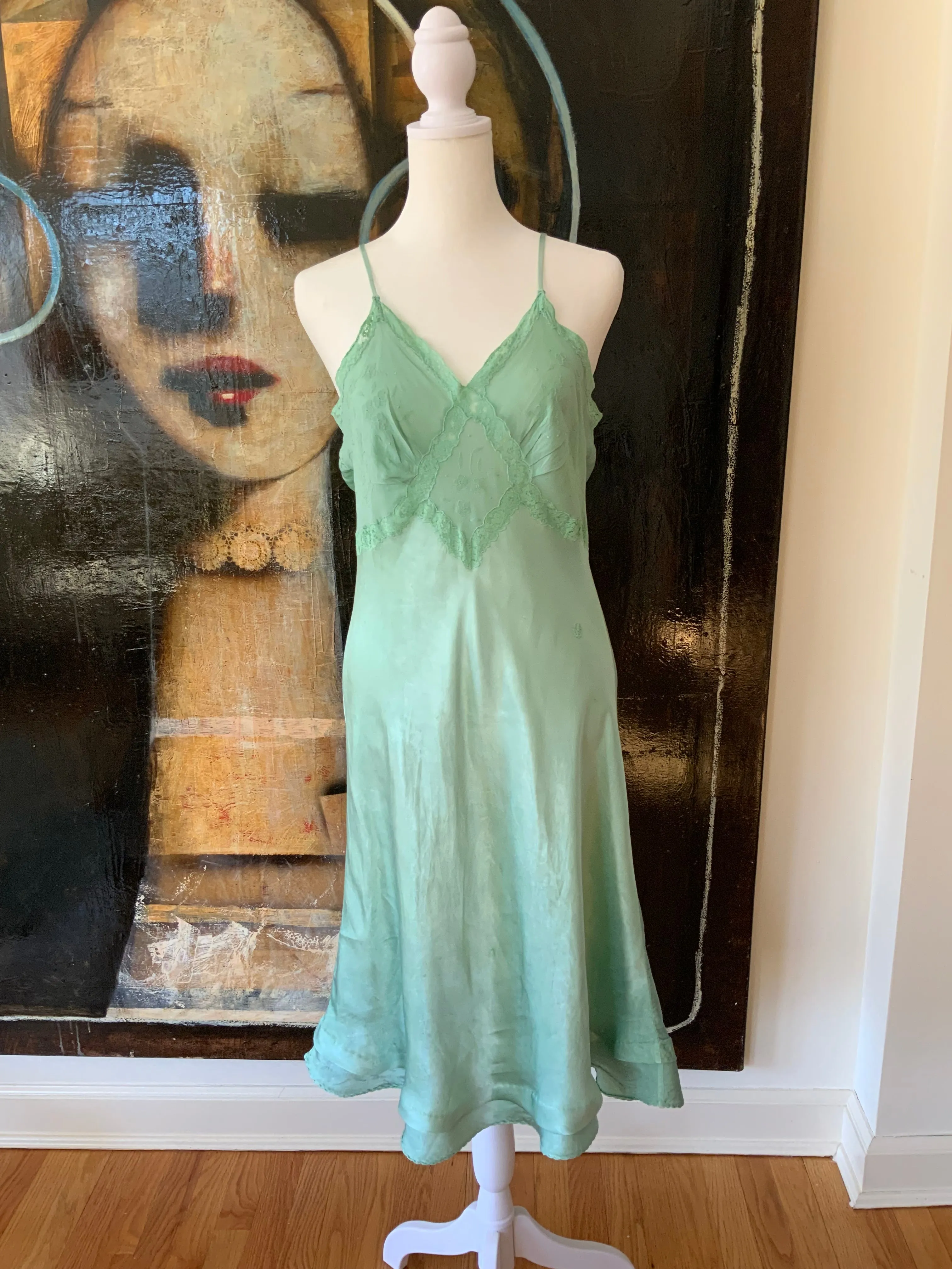 Hand Dyed Green Satin Slip Dress - 50s - 50E
