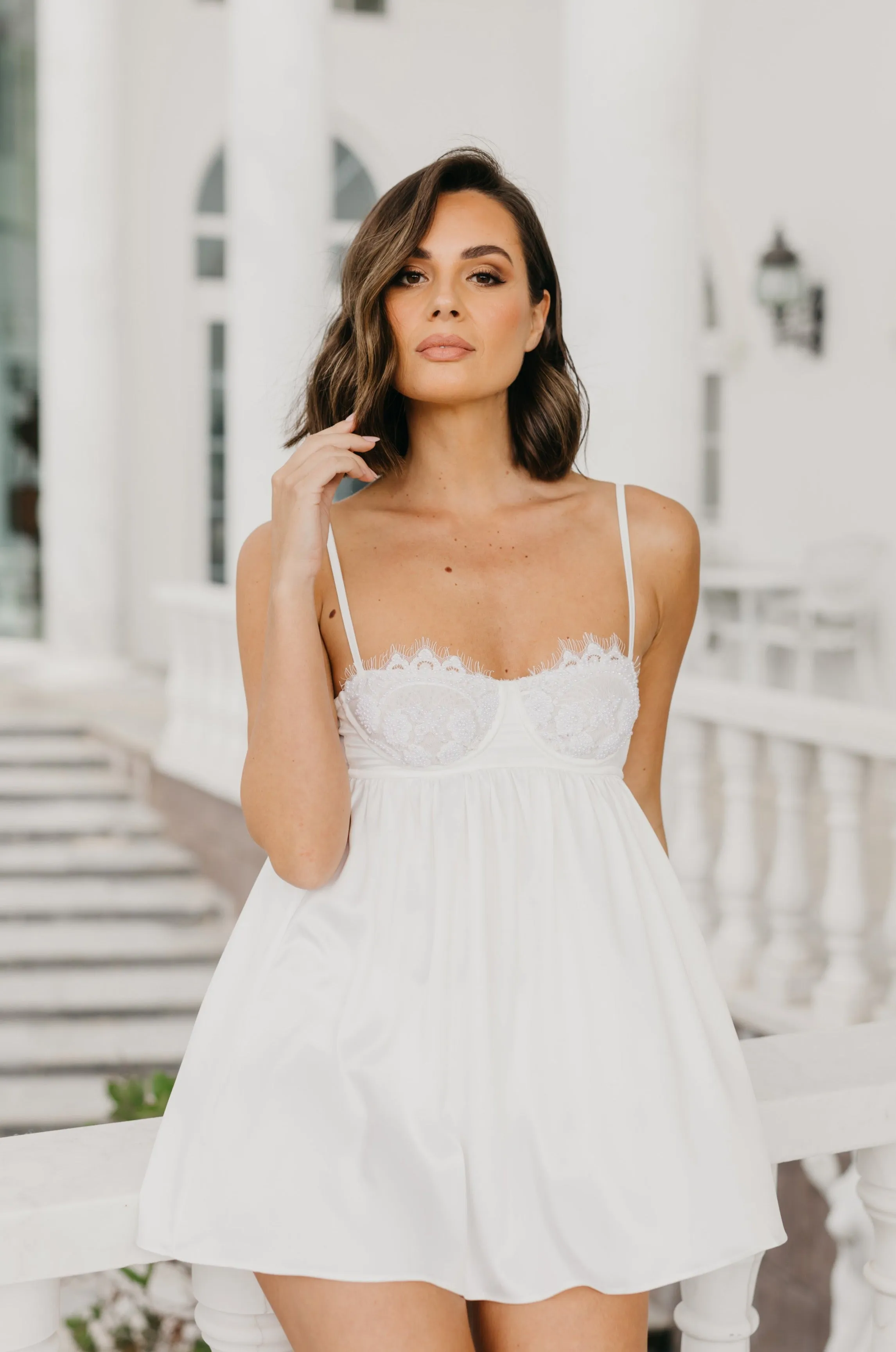 Harper Hand Beaded Pearl Satin Babydoll Slip