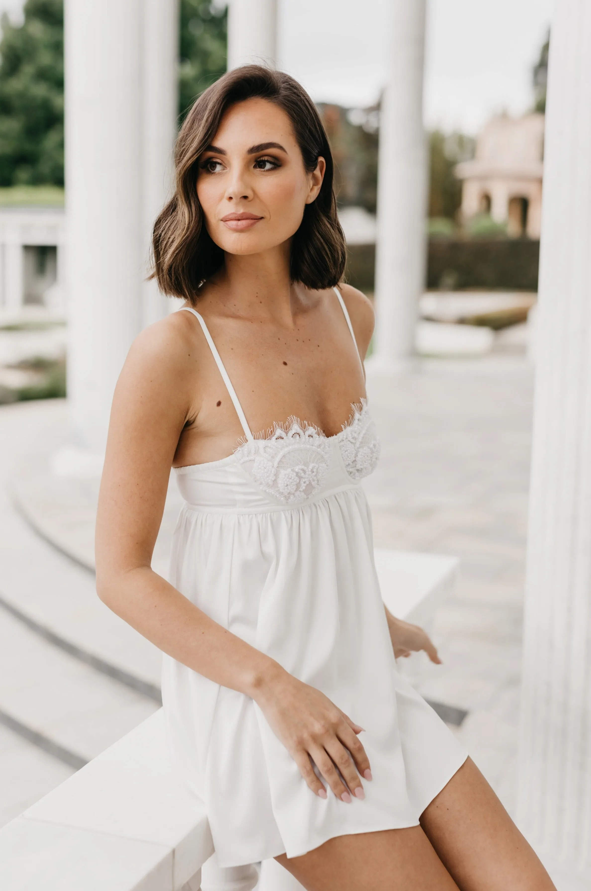 Harper Hand Beaded Pearl Satin Babydoll Slip