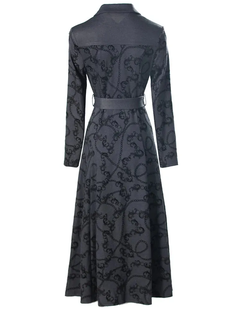 Harriet Turn-down Collar Long Sleeves Sashes Print Office Lady Single Breasted Dress