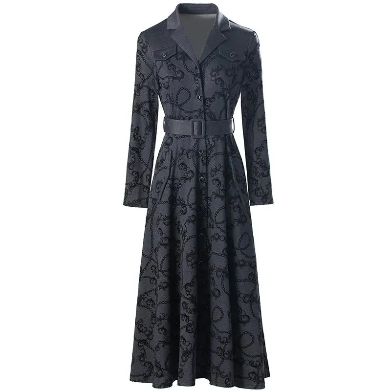 Harriet Turn-down Collar Long Sleeves Sashes Print Office Lady Single Breasted Dress