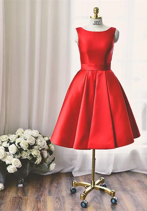 High Quality Bateau Red Short Homecoming Dress Bowknot-324749