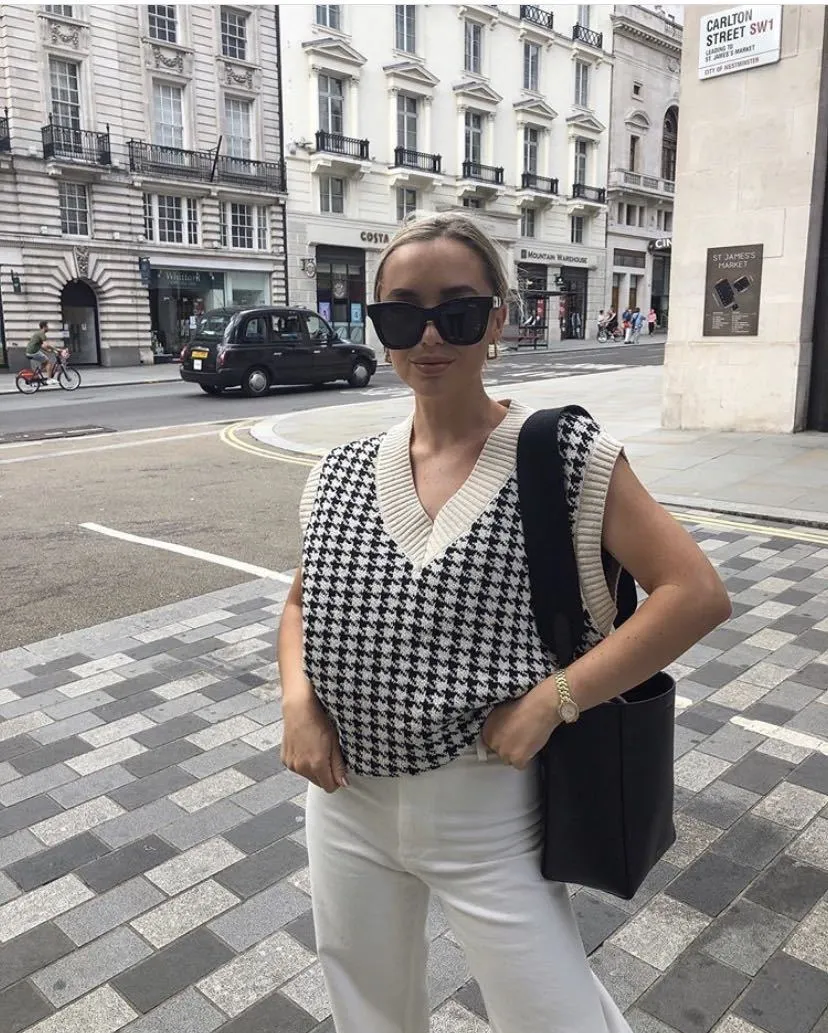 Houndstooth V-neck Knitted Vest Sweaters