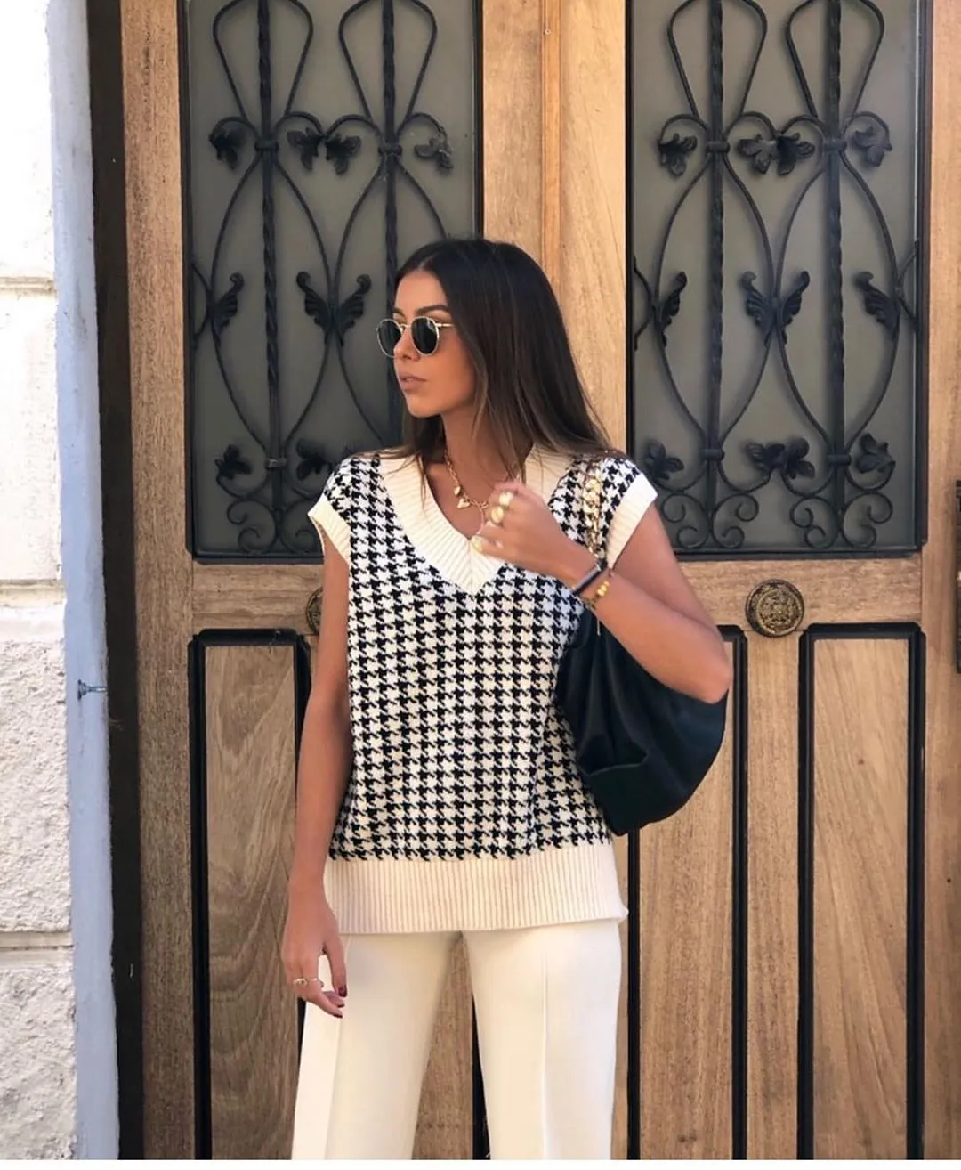 Houndstooth V-neck Knitted Vest Sweaters