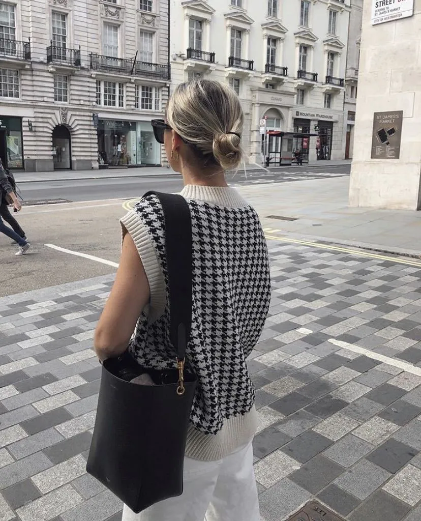 Houndstooth V-neck Knitted Vest Sweaters