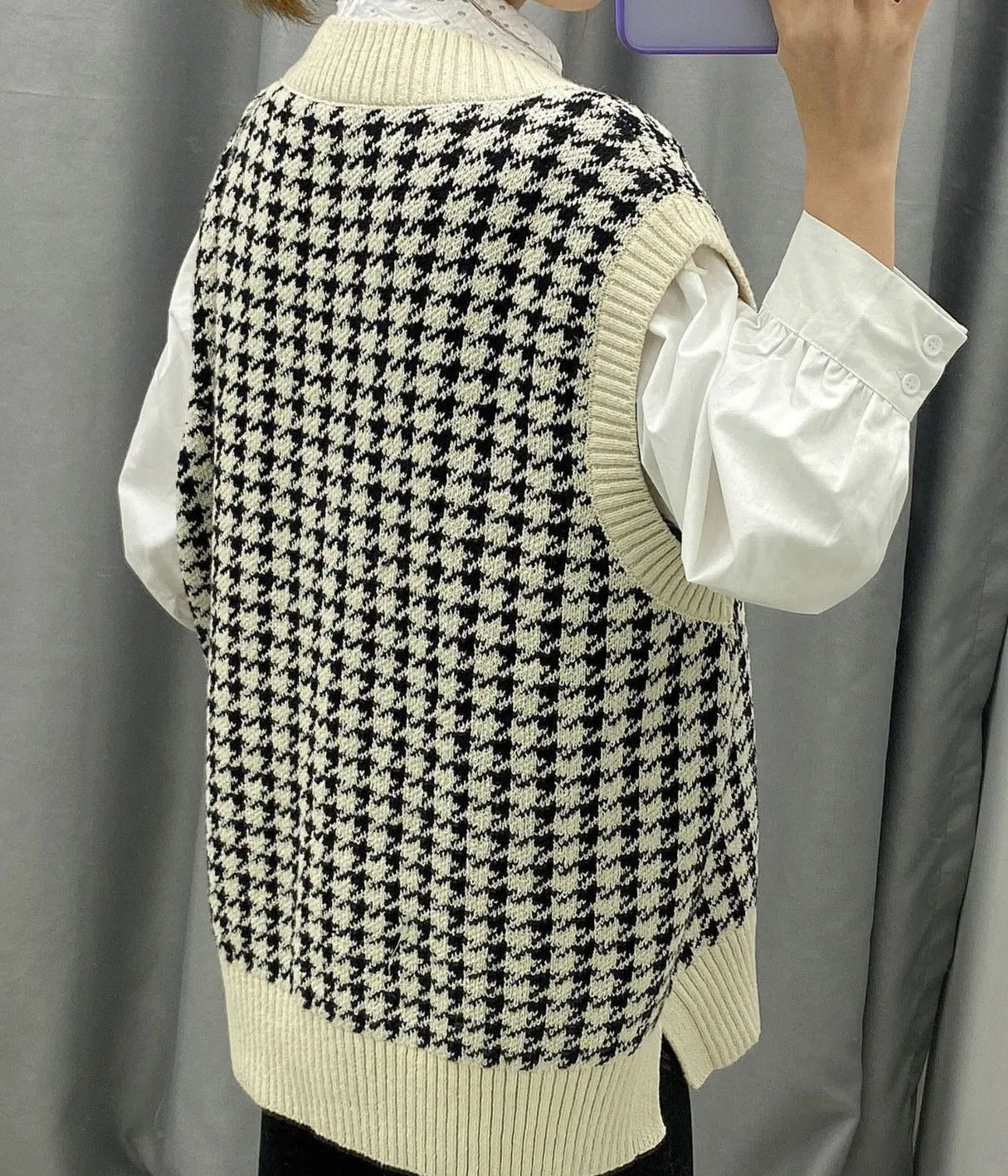Houndstooth V-neck Knitted Vest Sweaters