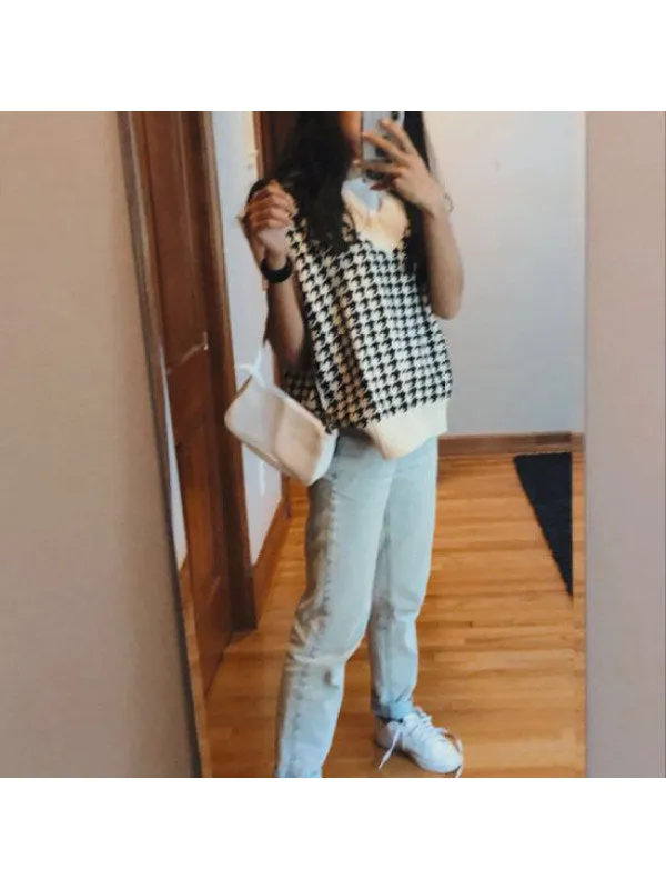 Houndstooth V-neck Knitted Vest Sweaters