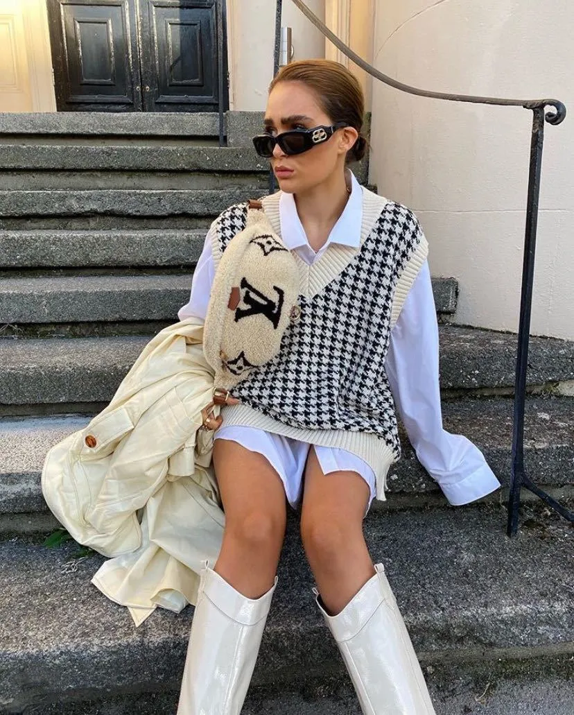 Houndstooth V-neck Knitted Vest Sweaters