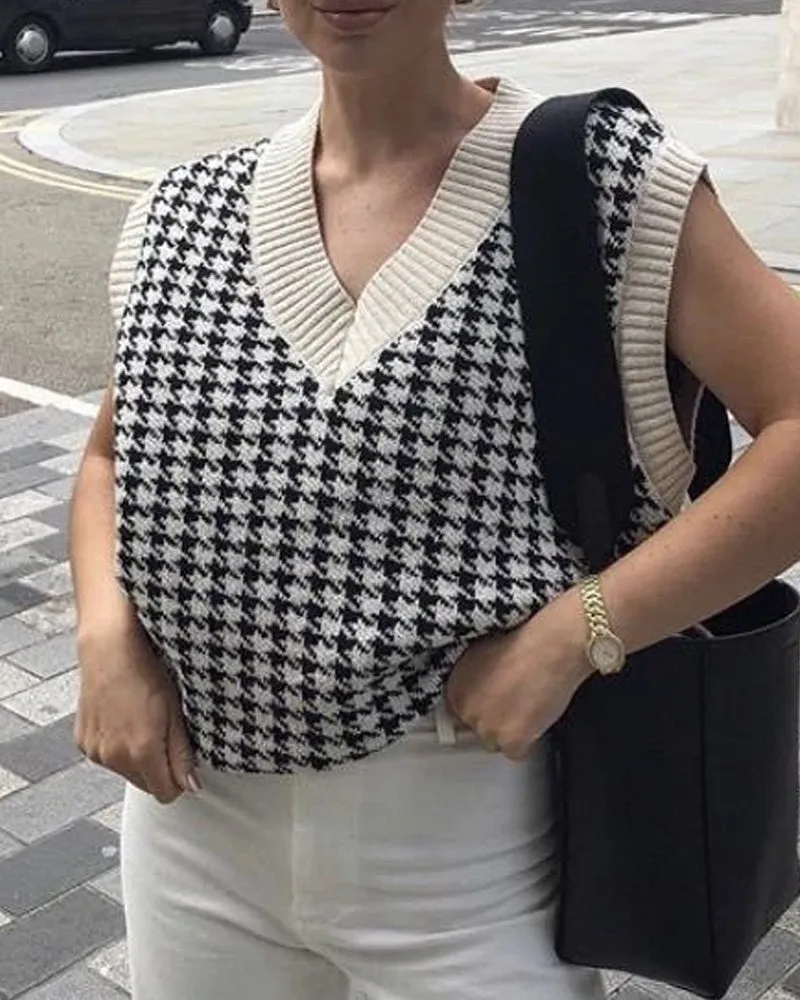 Houndstooth V-neck Knitted Vest Sweaters