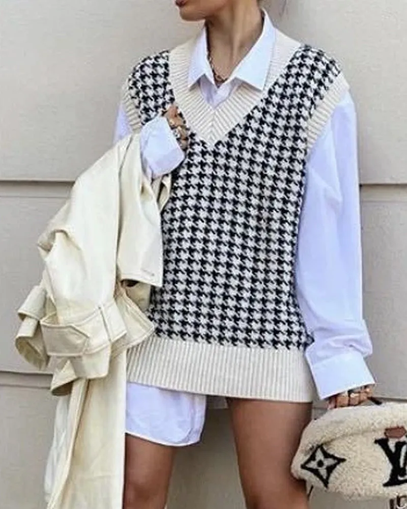 Houndstooth V-neck Knitted Vest Sweaters