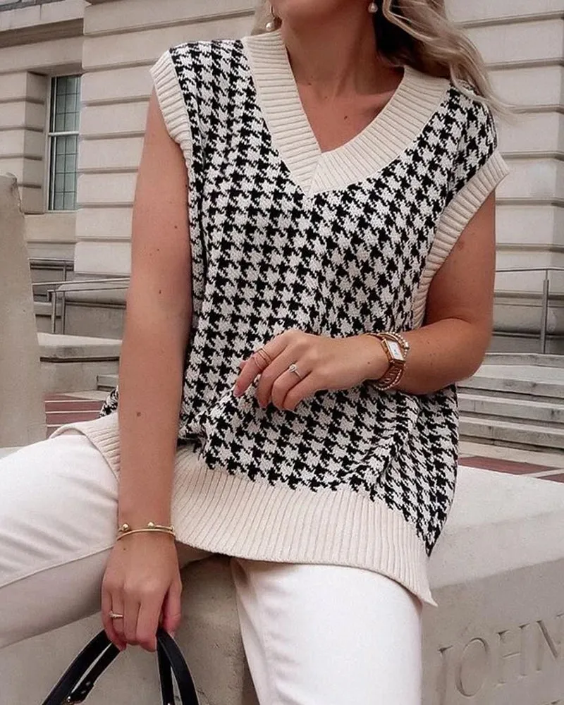 Houndstooth V-neck Knitted Vest Sweaters