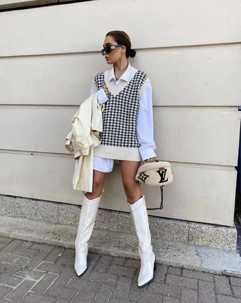 Houndstooth V-neck Knitted Vest Sweaters