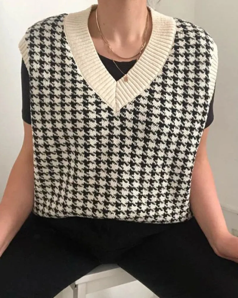 Houndstooth V-neck Knitted Vest Sweaters