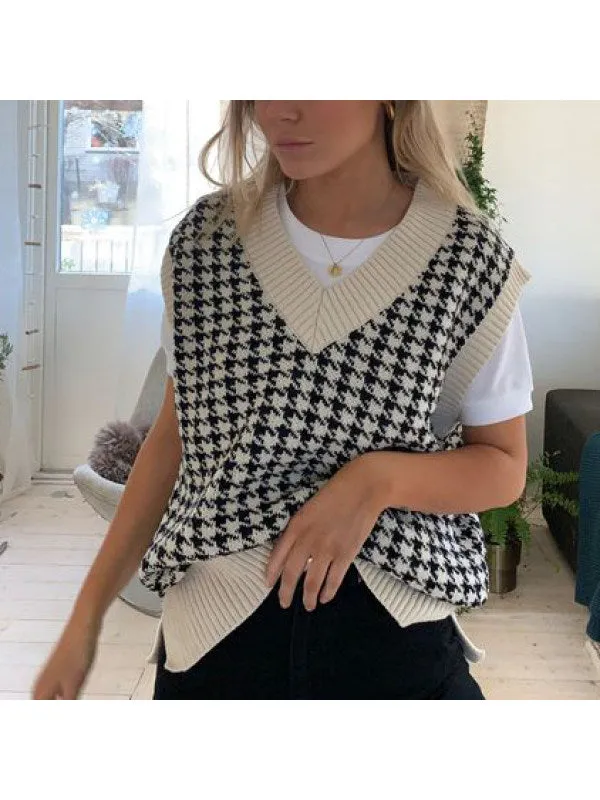 Houndstooth V-neck Knitted Vest Sweaters